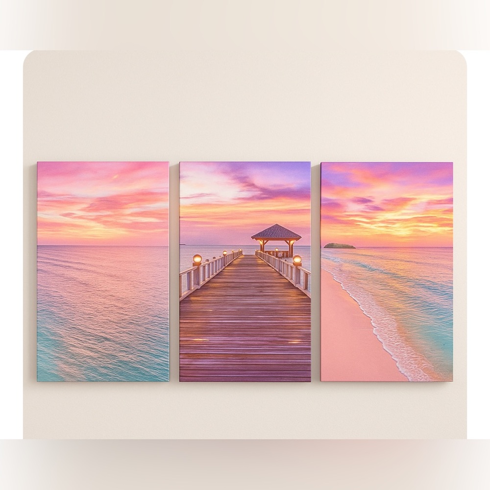 Sunset Ocean Landscape Pastel Color Framed Canvas Wall Art 16'' x 24''